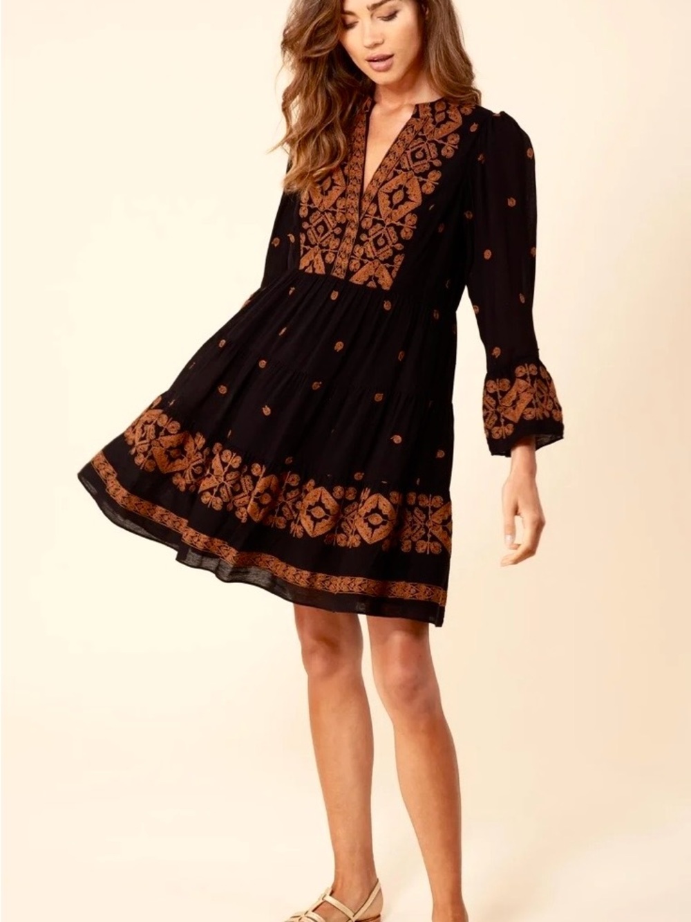 Hale Bob Black Mini Dress with Brown Embroidered Trim